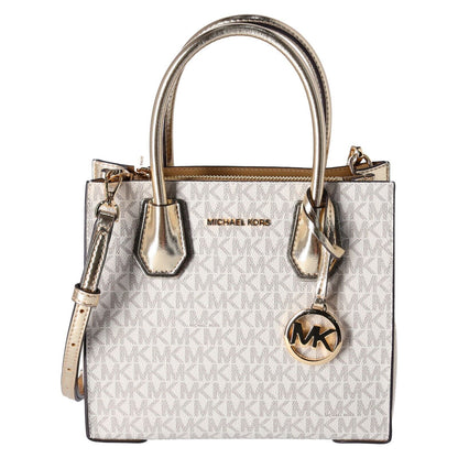 Michael Kors Mercer Medium Vanilla MK Signature Messenger Satchel Bag Pale Gold-Designer For Days