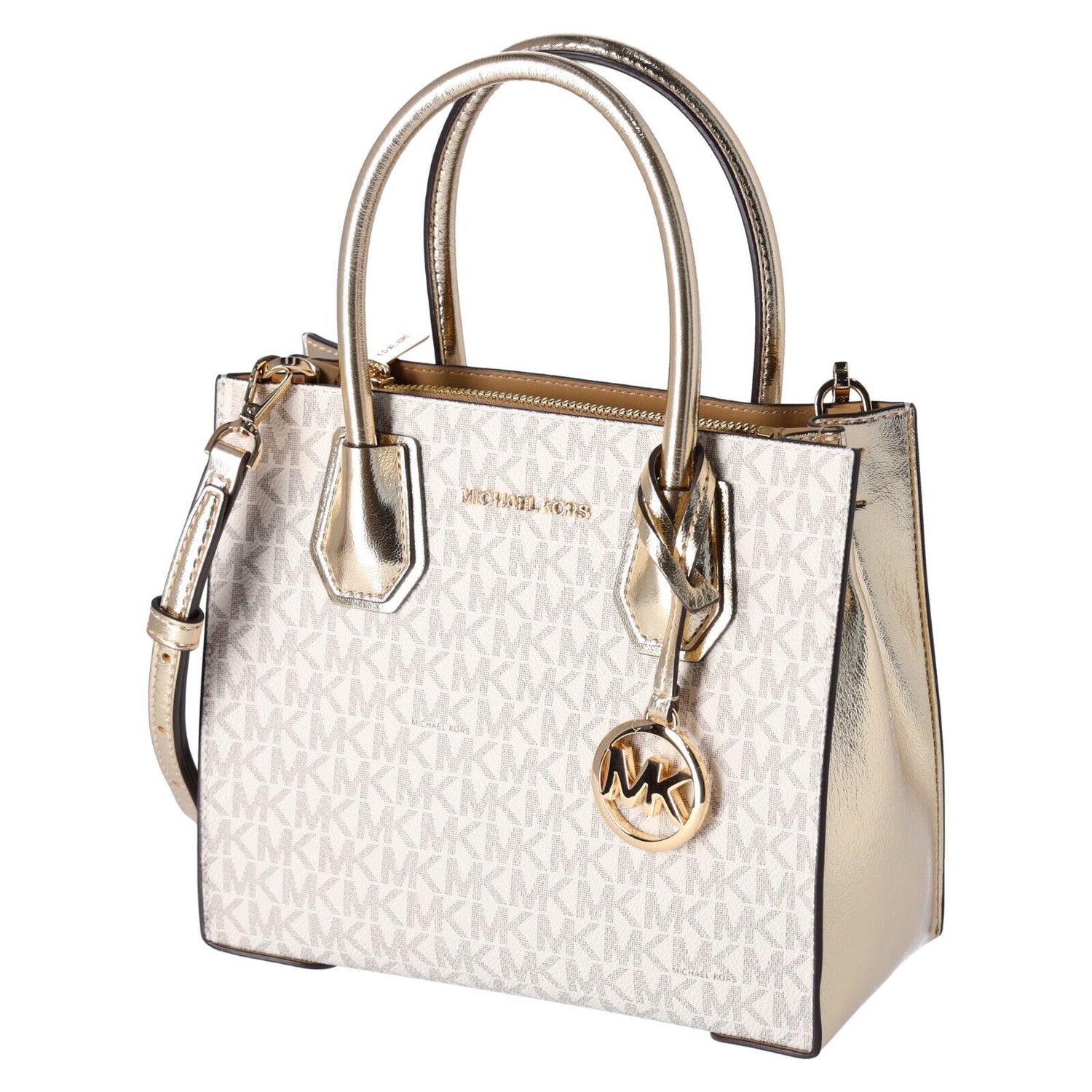 Michael Kors Mercer Medium Vanilla MK Signature Messenger Satchel Bag Pale Gold-Designer For Days