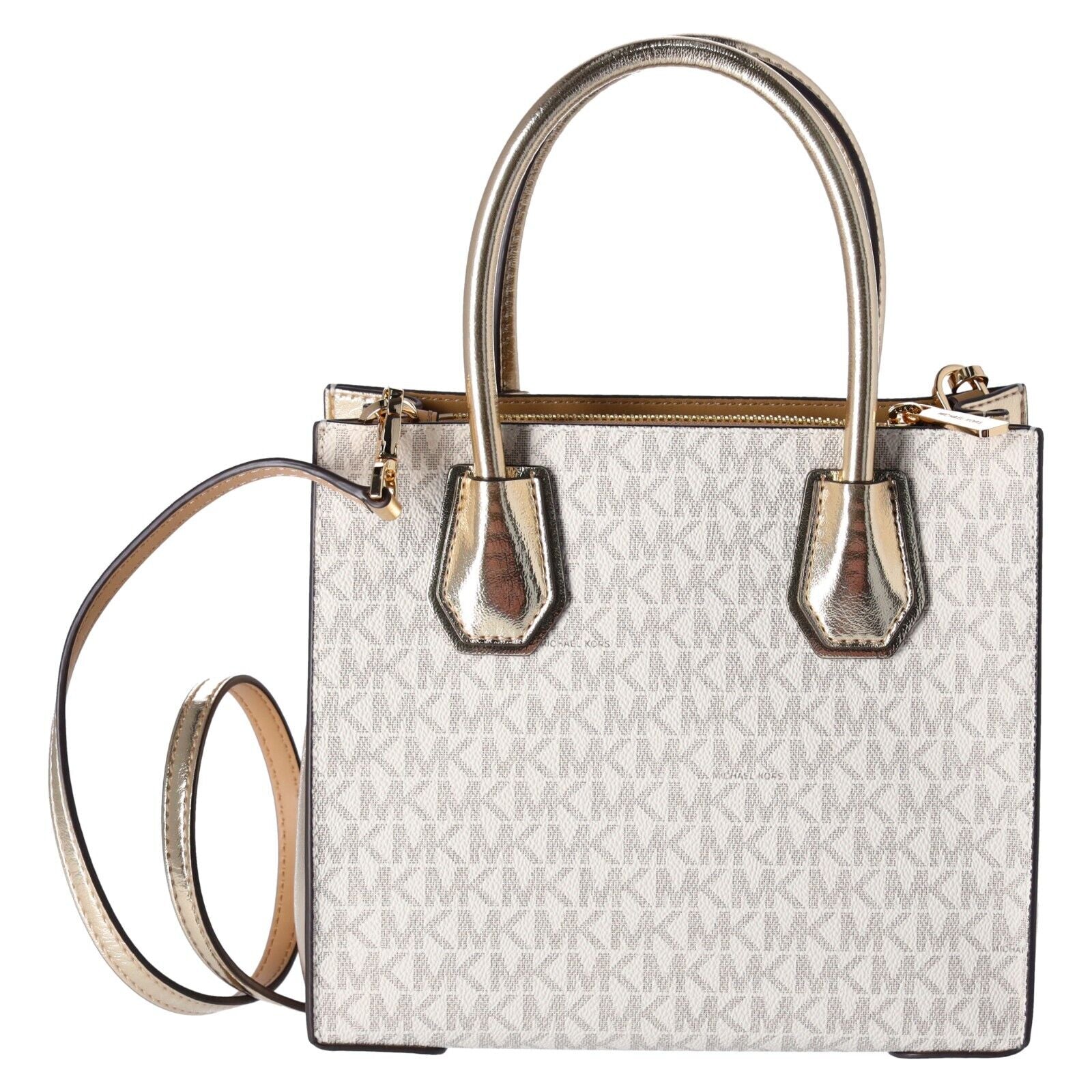 Michael Kors Mercer Medium Vanilla MK Signature Messenger Satchel Bag Pale Gold-Designer For Days